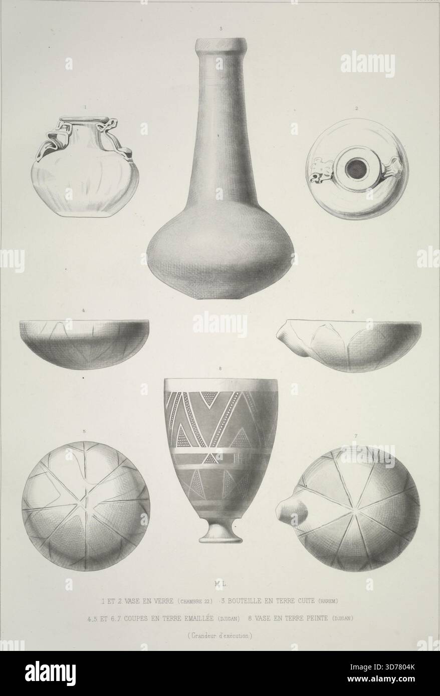 Una collezione di manufatti tra cui due vasi di vetro della camera 22, una bottiglia di terracotta dall'harem, diverse ciotole di terracotta smaltate da Djigan e un vaso di terracotta dipinto da Djigan. Questi oggetti, creati tra il 1867 e il 1870 da Jean Charles Geslin (1814-1885), rappresentano esempi significativi di ceramica e vetreria dell'antichità. I manufatti sono associati all'Assiria, ai siti archeologici e alle incisioni. Inoltre, Céramique et verrerie Foto Stock