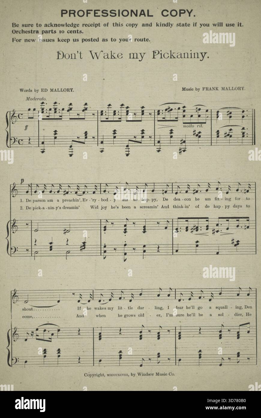 Don't Wake My Pickaniny,' pubblicato nel 1898 da Windsor Music Co., presenta musica legata alla cultura afroamericana, concentrandosi in particolare sui bambini e sulle loro esperienze durante la fine del XIX secolo. La partitura è composta da quattro pagine e misura 31 cm. La canzone include titoli alternativi come "De parson am a preachin", e menziona temi di felicità, comportamento dei bambini e contesto delle funzioni religiose Foto Stock