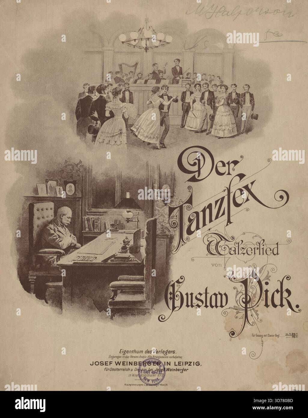 Der Tanzfex, una canzone valzer di Gustav Pick, pubblicata nel 1895. Pubblicato da Josef Weinberger a Lipsia, questo oggetto presenta incisioni relative alla danza da sala da ballo in Germania. La stampa misura 35 x 26 cm ed è presentata in marrone e bianco Foto Stock