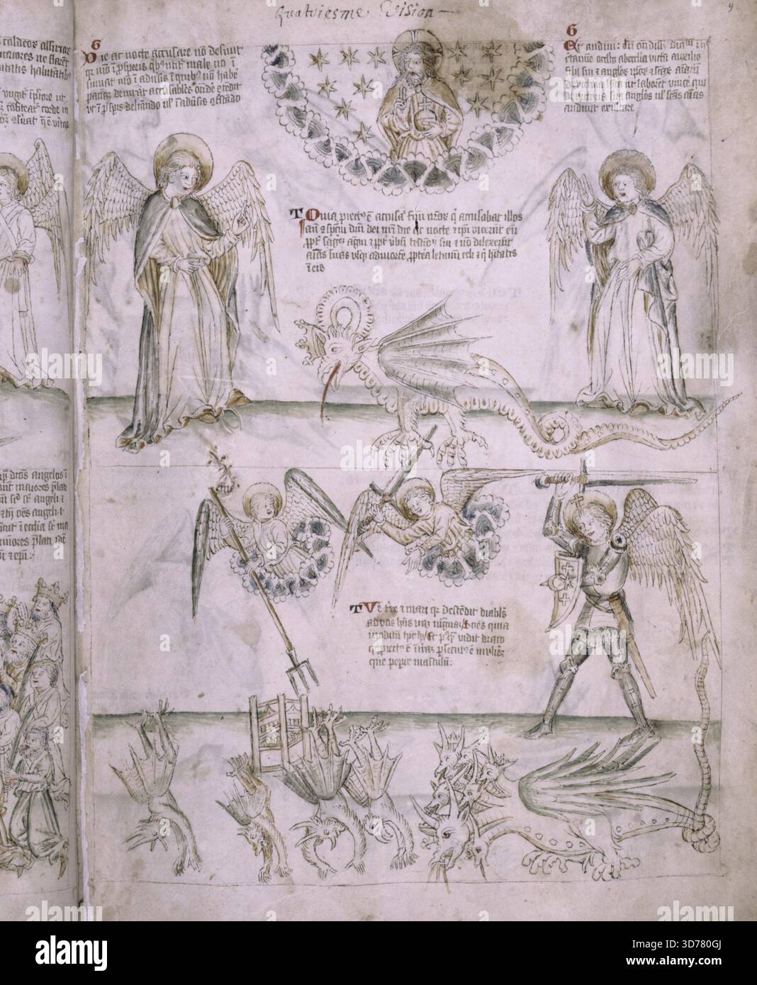 Dio seduto in gloria con angeli su entrambi i lati proclama la salvezza; l'arcangelo Michele combatte il drago a 7 teste mentre i diavoli sono scagliati dal cielo da altri angeli., 1425 - 1450, Erfurt? Germania, Michael (Arcangelo), Dragons Foto Stock