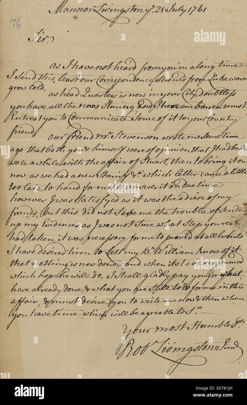 Una lettera di Robert Livingston, Junr., ad Abraham Yates Scudiero. Ad Albany, datata 21 luglio 1761. Il documento ha una lunghezza di una pagina ed è formattato in formato folio Foto Stock