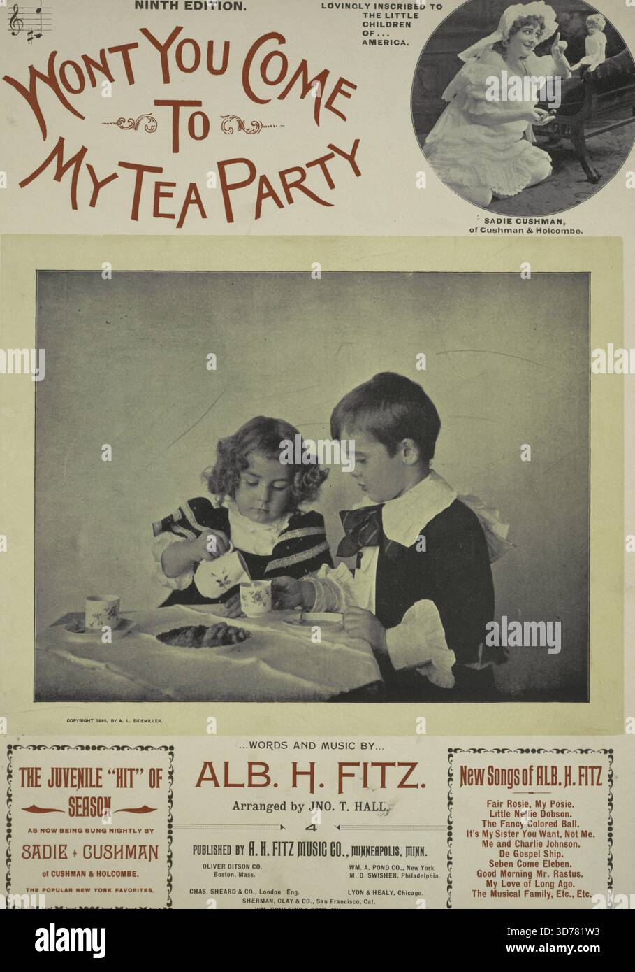 Wont You come to My Tea Party' è una colonna sonora pubblicata nel 1895 da A. H. Fitz Music Co. A Minneapolis, Minnesota. Presenta temi relativi a canzoni, bambole e giochi per bambini, in particolare associati a feste di compleanno e tè. Il punteggio è composto da 6 pagine e misura 33 cm di altezza Foto Stock