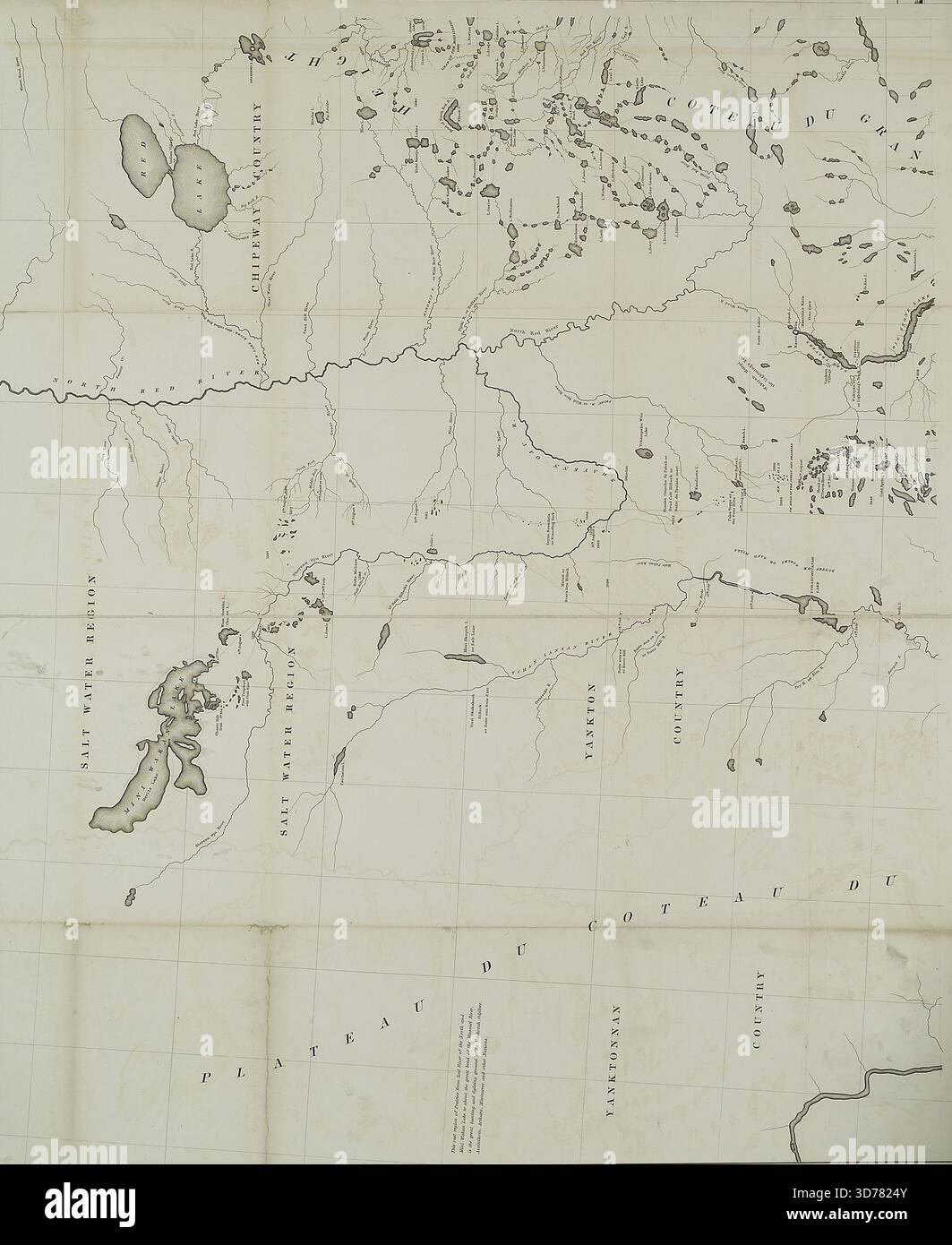 Una mappa intitolata "Plateau du Coteau du Missouri" con regioni come il paese di Yanktonnan, la regione delle acque salate e il paese di Chipeway. La mappa indica il Cote du Grand Bois in alto a sinistra e include i dettagli relativi al fiume Mississippi Watershed. Emessa nel 1842 per ordine del Senato degli Stati Uniti e pubblicata a Washington, D.C Foto Stock