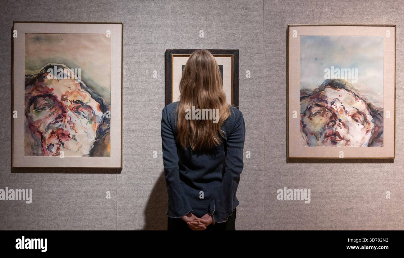 Bonhams, Londra, Regno Unito. 24 novembre 2025. L'asta Bonhams Modern and Contemporary Middle Eastern Art si svolge il 25 novembre. Tra le principali attrazioni ricordiamo: Opere di Marwan Kassab-Bachi (Siria, 1934-2016), Kopf (testa). Stimate tra £ 80.000 e £ 100.000. Crediti: Malcolm Park/Alamy Live News Foto Stock