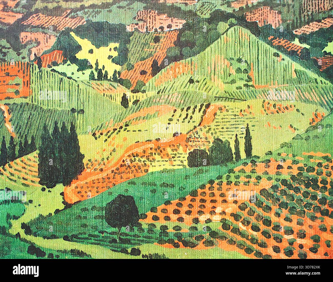 David Kakabadze - piantagione di tè - 1918 - il dipinto raffigura un paesaggio collinare utilizzando uno stile distintivo, frammentato e geometrico, che gli storici dell'arte attribuiscono alle influenze occidentali come il cubismo combinato con il suo background scientifico in fisica e matematica. Foto Stock