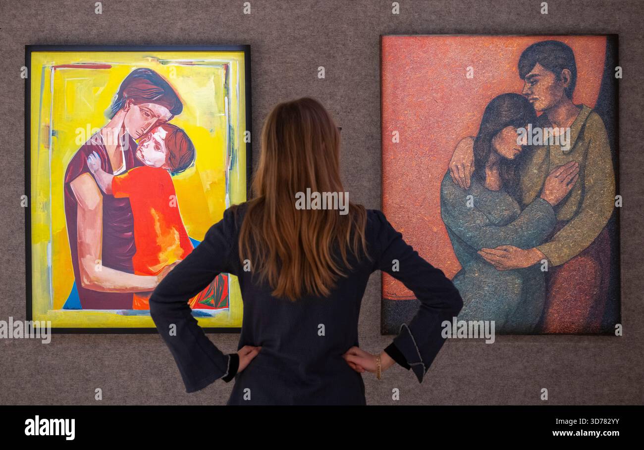 Bonhams, Londra, Regno Unito. 24 novembre 2025. L'asta Bonhams Modern and Contemporary Middle Eastern Art si svolge il 25 novembre. Le attrazioni principali includono: (A sinistra) Mahmoud Sabri (Iraq, 1927-2012), madre e bambino. Stimate tra £ 100.000 e £ 150.000. Crediti: Malcolm Park/Alamy Live News Foto Stock