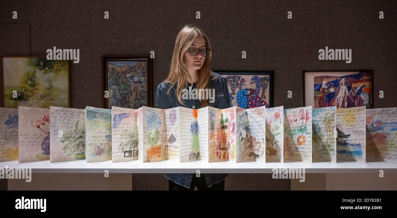 Bonhams, Londra, Regno Unito. 24 novembre 2025. L'asta Bonhams Modern and Contemporary Middle Eastern Art si svolge il 25 novembre. Le attrazioni principali includono: Etel Adnan (Libano, 1925-20212), Belles Creatures. Stimate tra £ 60.000 e £ 80.000. Crediti: Malcolm Park/Alamy Live News Foto Stock