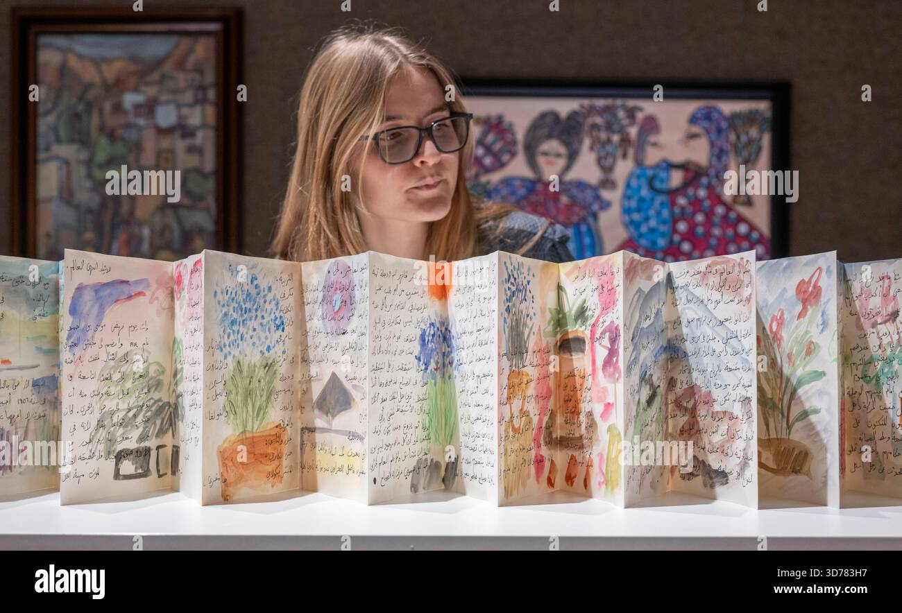 Bonhams, Londra, Regno Unito. 24 novembre 2025. L'asta Bonhams Modern and Contemporary Middle Eastern Art si svolge il 25 novembre. Le attrazioni principali includono: Etel Adnan (Libano, 1925-20212), Belles Creatures. Stimate tra £ 60.000 e £ 80.000. Crediti: Malcolm Park/Alamy Live News Foto Stock