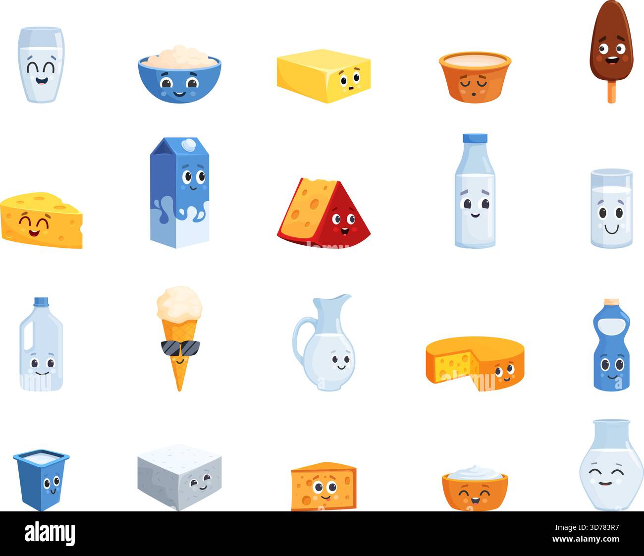 Carini personaggi del diario. Buffo formaggio cartoni animati, confezione di carta da latte. Yogurt e panna acida, cono per waffle gelati, feta greca e burro, vettore sapid Illustrazione Vettoriale
