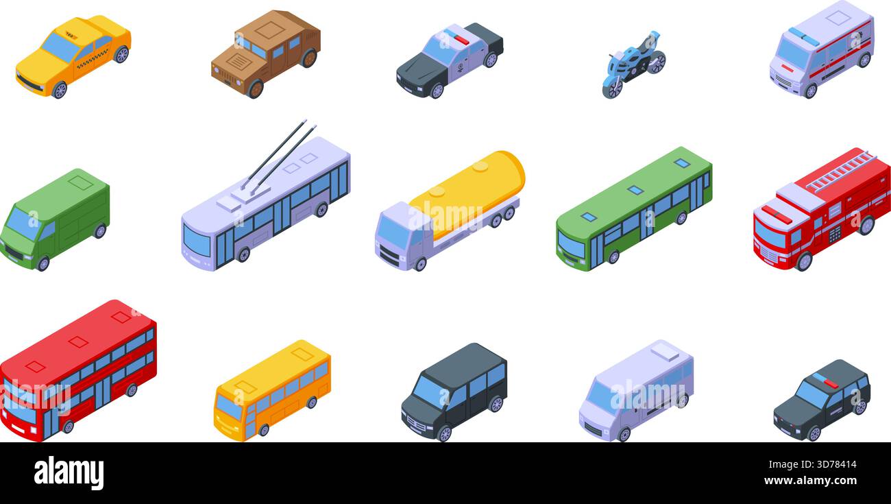Trasporto urbano isometrico. Auto, autobus, camion in 3d moderno urbano. Automobili e veicoli pubblici, moto, polizia, ambulanza, taxi e vigili del fuoco, bella clipart vettoriale Illustrazione Vettoriale
