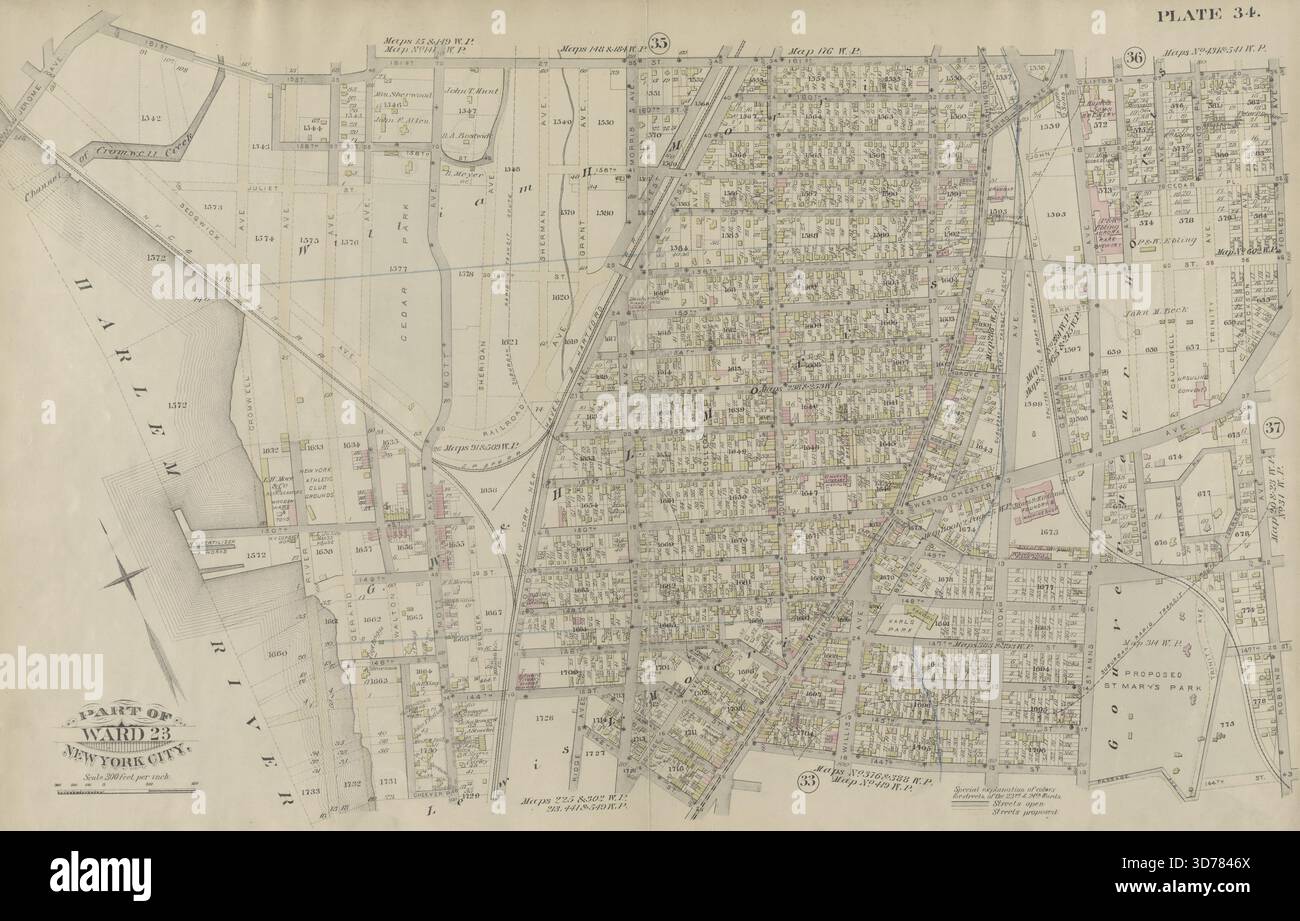 Targa 34 delimitata da 161st Street, St. Ann's Avenue, Clifton Street, Forest Avenue, West Chester Avenue, Robbins Avenue, 144th Street, Mott Avenue, 148th Street, Harlem River, e Jerome Avenue. Inoltre, parte del Ward 23, New York City., 1885., New York. Editore, E. Robinson Co Proprietà immobiliari, New York (Stato), New York, New York (N.Y Foto Stock