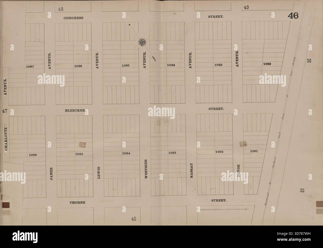 Jersey City, V. 4, Double Page Plate No. 46 Mappa delimitata da Congress St., Thorne St., Charlotte Ave., emessa nel 1873 da Spielmann & Brush, Hoboken, N.J. Mappa dell'assicurazione antincendio di Jersey City, New Jersey Foto Stock