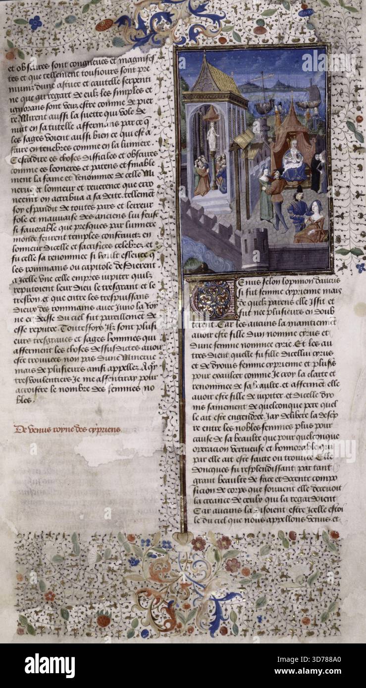 Miniatura raffigurante 1. Venere incoronata regina di Cipro, sotto una tettoia rossa, circondata da coppie in gioco; 2. scena del tempio con adoratori e una statua della dea; 3. scena che mostra prostitute; 4. navi in porto. Include design bordo, iniziale e rubrica, circa 1450 Foto Stock