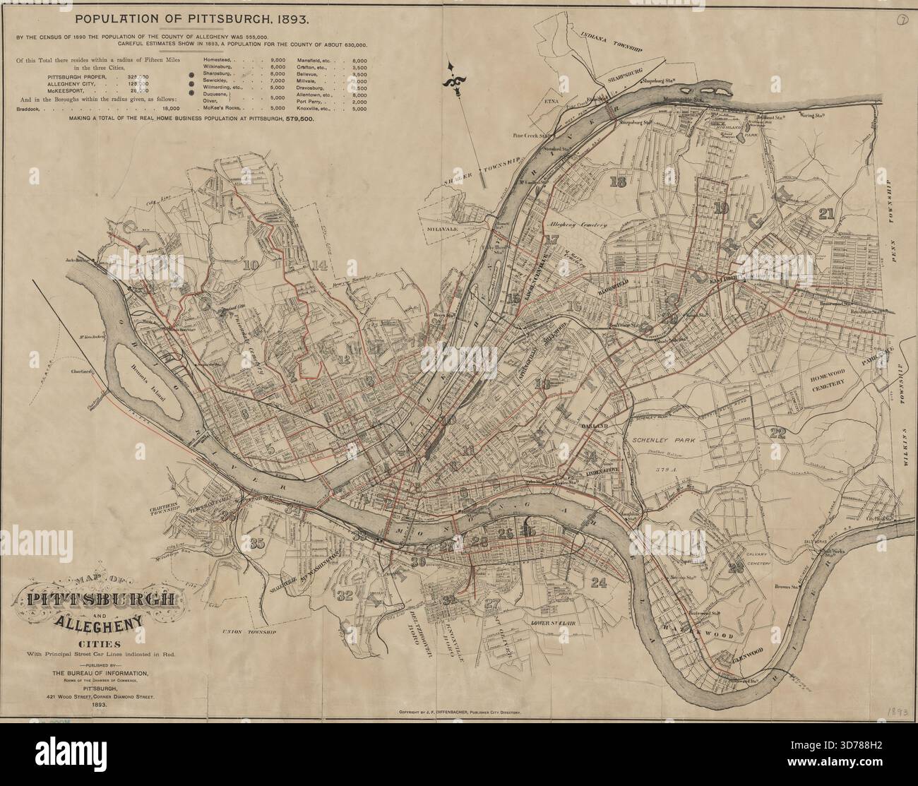 Mappa delle città di Pittsburgh e Allegheny con le principali linee di auto stradali indicate in rosso, 1893., 1893., 421 Wood Street, angolo Diamond Street, Pittsburgh. Editore, Bureau of Information, camere della camera di commercio. Street-Railroads, Pennsylvania, Pittsburgh, divisioni amministrative e politiche, 1 colore mappa; 52 x 66 cm. NYPL Map Div. Copia stella blu timbrata in alto a sinistra, con le annotazioni manoscritte Benjamin F. Pabodie, 25 luglio 1913 Foto Stock