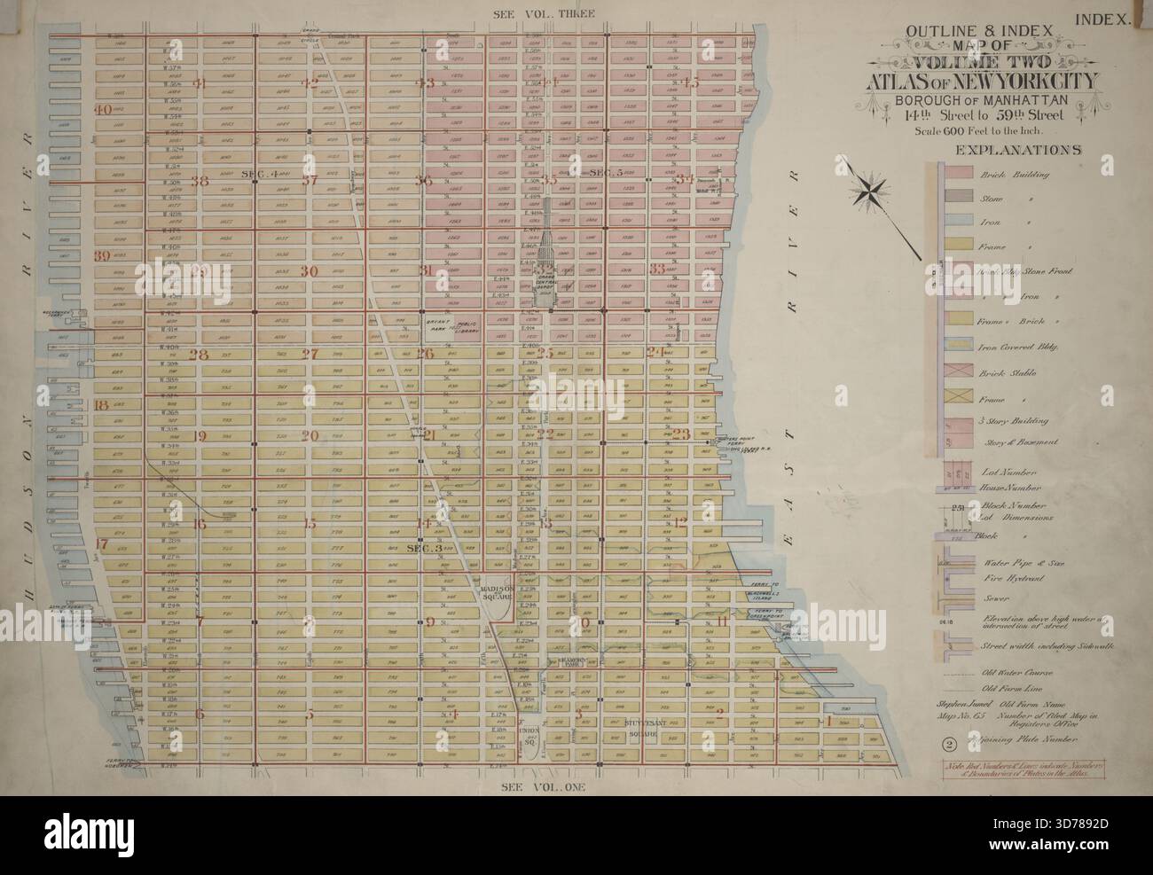 Outline & Index Map of volume Two, Atlas of New York City, 14th Street to 59th Street, 1899, G.W. Bromley & Co., 1899, Philadelphia, Publisher, G.W. Bromley & Co., Manhattan (New York, N.Y.), Real Property, New York (State), New York Foto Stock