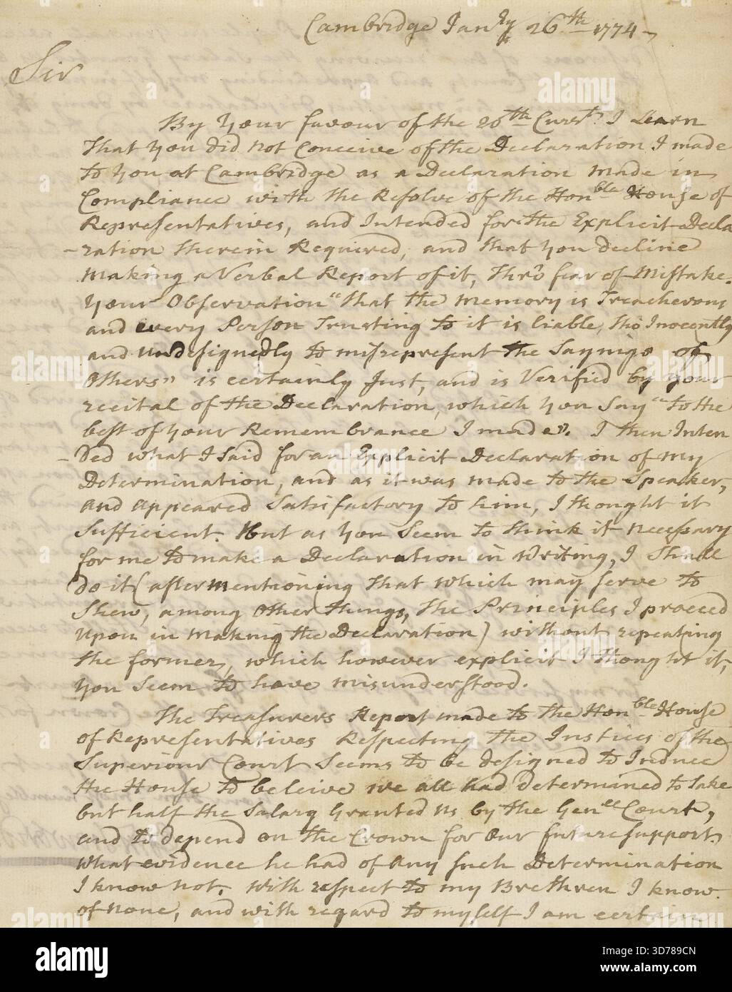 Lettera di Edmund Trowbridge a Thomas Cushing, Presidente della camera, 26 gennaio 1774 Foto Stock
