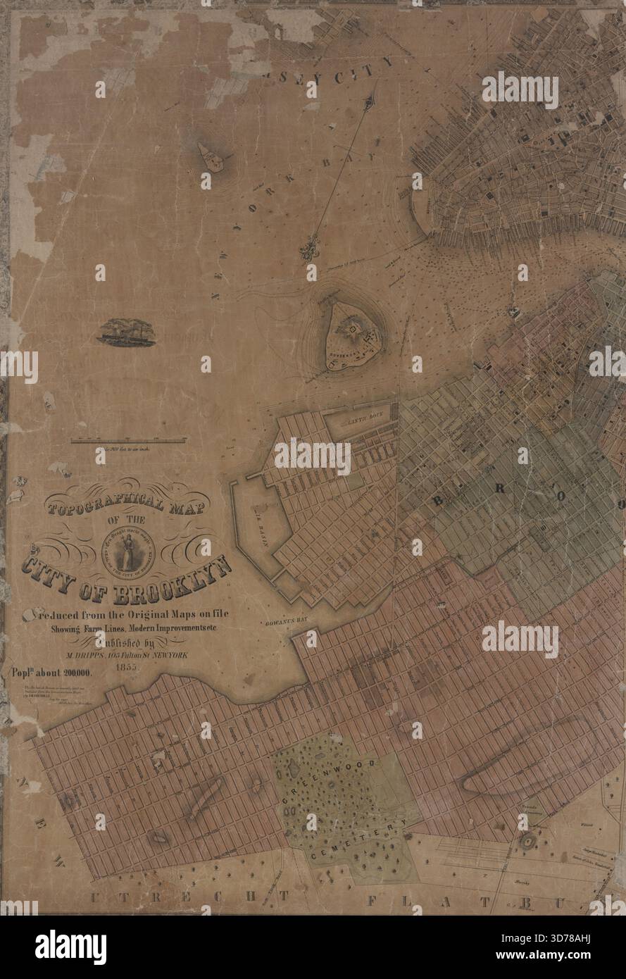 Mappa topografica della città di Brooklyn, come ridotta dalle mappe originali in archivio, che mostra le linee agricole e i miglioramenti moderni., 1855., New York. Editore, M. Dripps, Brooklyn (New York, N.Y.)., 1 mappa su 2 fogli; dimensioni 81 x 112 cm Foto Stock