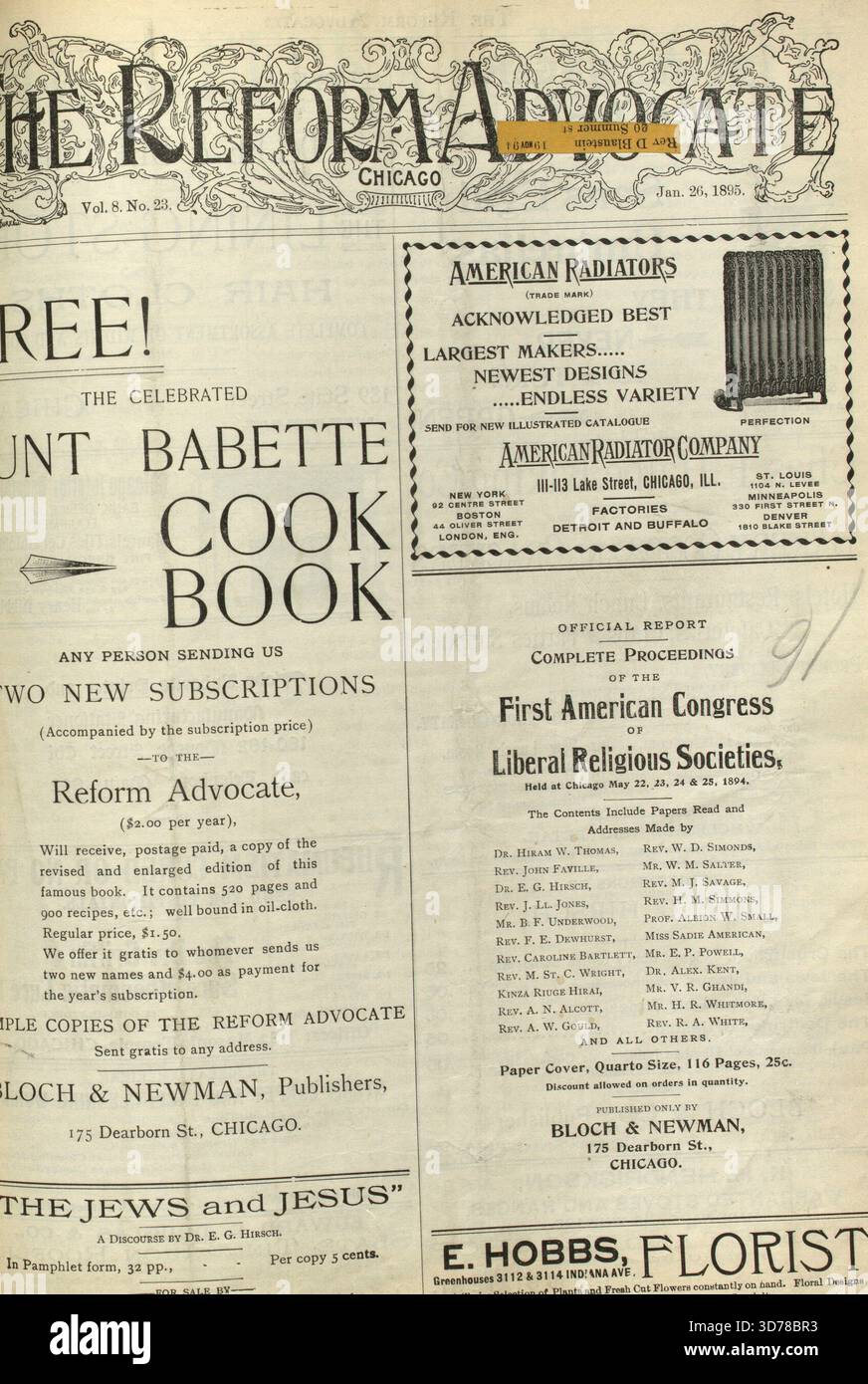 The Reform Advocate, volume 8, numero 23, pubblicato il 26 gennaio 1895, da Chicago. Si concentra sull'ebraismo riformato e presenta periodici ebraici Foto Stock