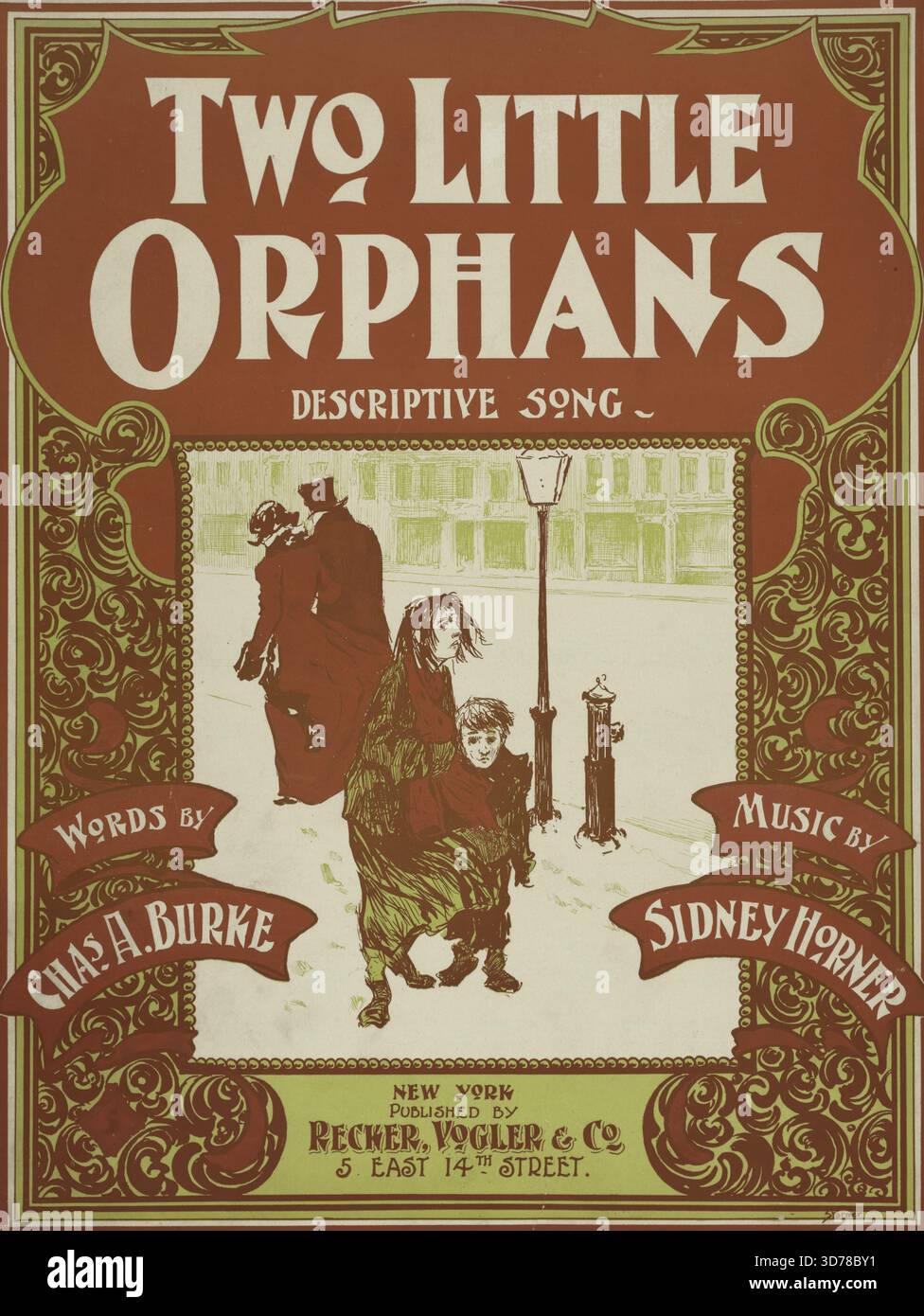 Un foglio di canzoni intitolato "Two Little Orphans", pubblicato nel 1899 da Recker, Vogler & Co. A New York. La copertina presenta la prima riga del ritornello, "Papa's been Dead a year or more, Mamma, She Died Today", che enfatizza i temi degli orfani, della solitudine e dell'adozione. Lo spartito è progettato per l'accompagnamento al valzer e si estende su 6 pagine, misurando 35 cm di altezza Foto Stock