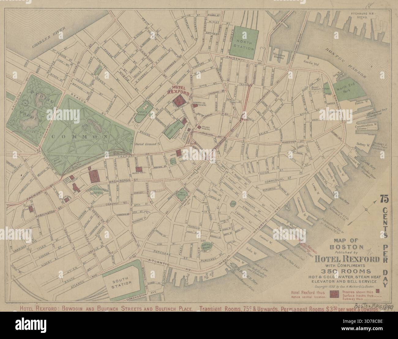 Mappa di Boston, 1899, intitolata "Mappa della parte commerciale di Boston". Emessa dall'Hotel Rexford, questa mappa a colori misura 32 x 42 cm su un foglio di 34 x 44 cm Foto Stock