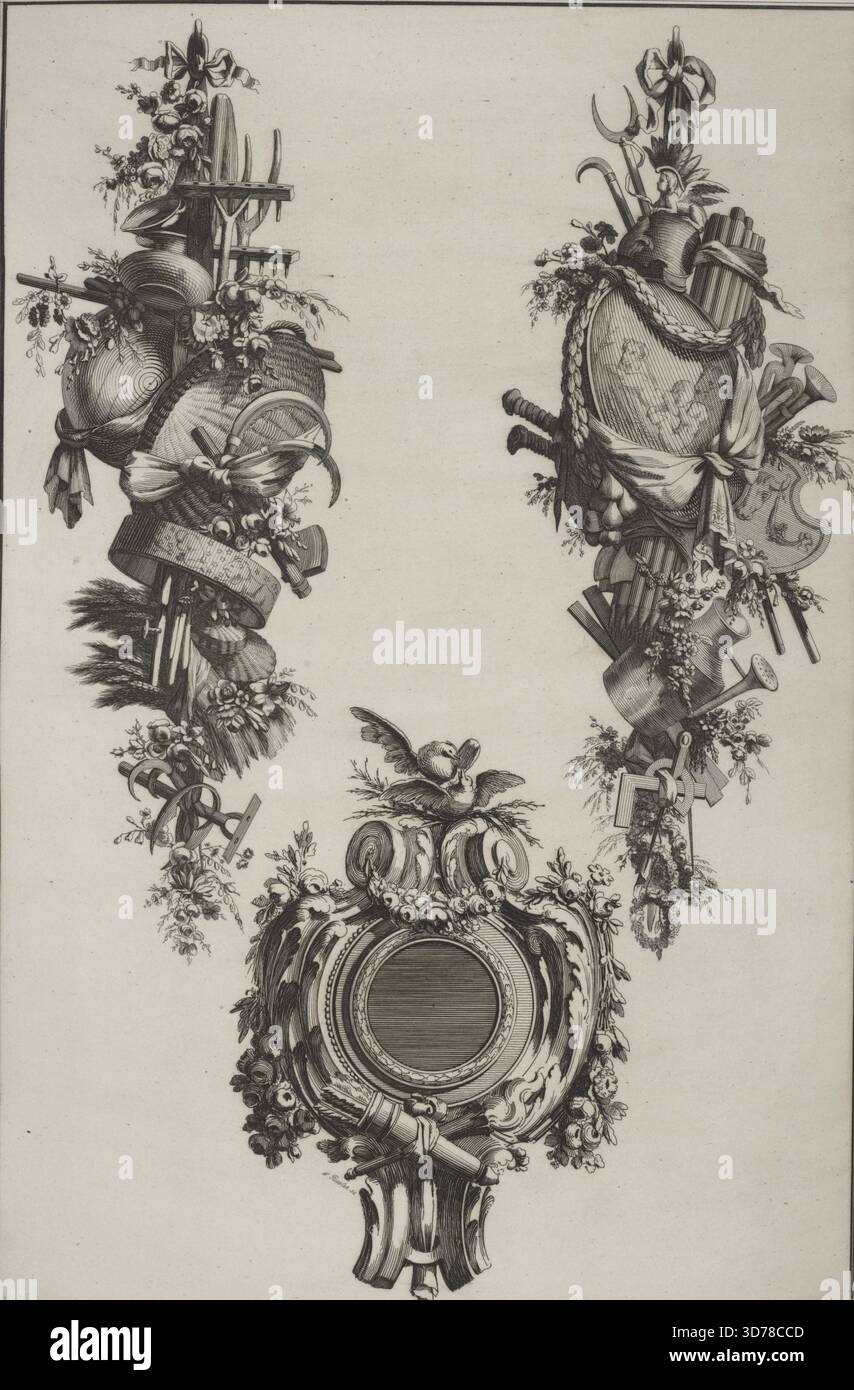 Tre disegni di costruzioni araldiche di Jean-Charles Delafosse, creati tra il 1875 e il 1890 a Parigi. Pubblicato da Rapilly, il pezzo presenta incisioni architettoniche con decorazioni e ornamenti Foto Stock