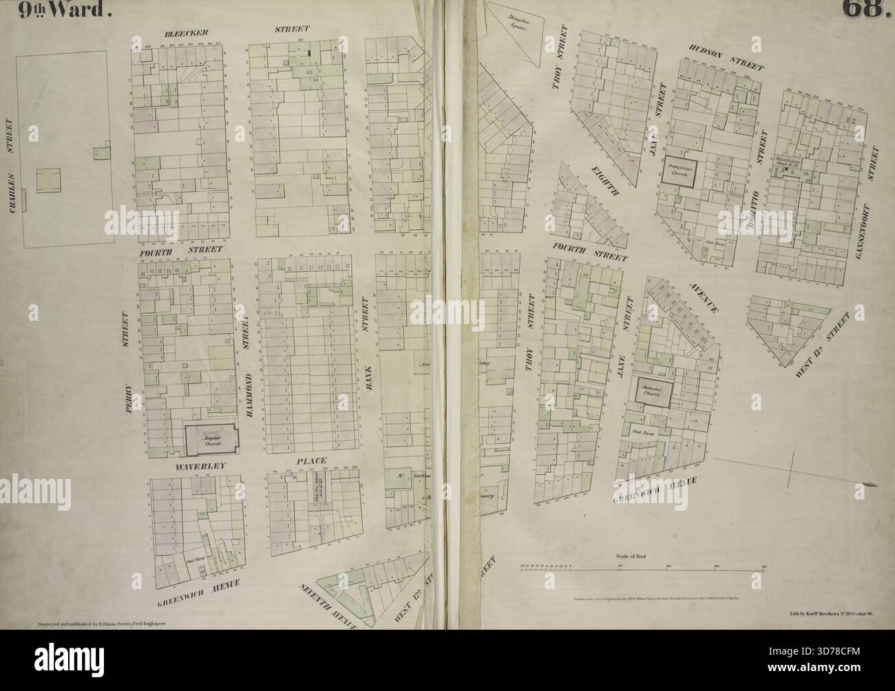 Placca 68 Mappa delimitata da Bleecker Street, Hudson Street, Gansevoort Street, West 13th Street, Greenwich Avenue, West 12th Street, Seventh Avenue, Perry Street e Charles Street., 1854., New York, NY. Editore, William Perris. Proprietà immobiliari, New York (Stato), assicurazione antincendio Foto Stock