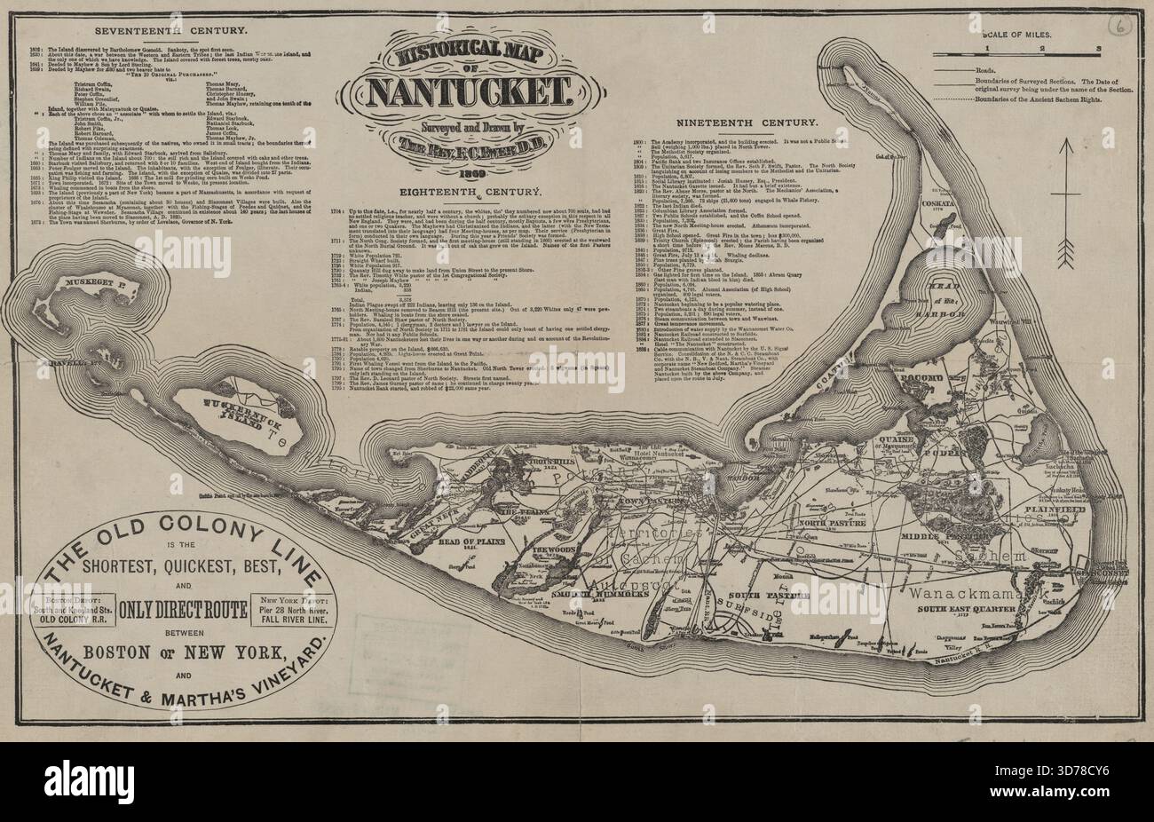 Mappa storica di Nantucket, emessa tra il 1886 e il 1899 dalla Old Colony Railroad Company e dalla Old Colony Steamboat Company. La mappa raffigura Nantucket Island, Massachusetts, ed è di circa 22 x 35 cm, montata su un foglio di 25 x 37 cm Foto Stock