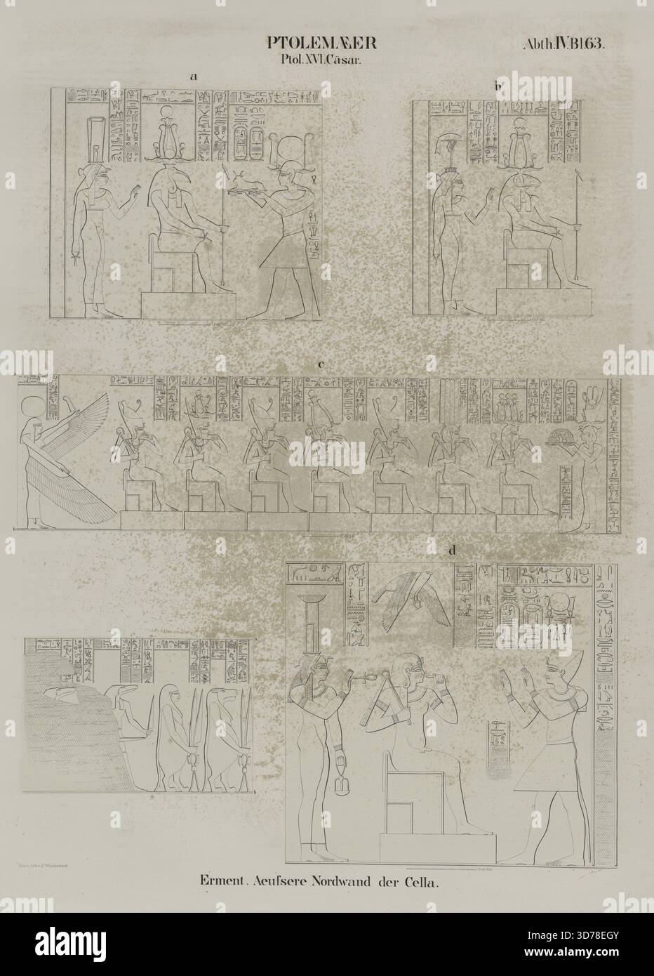 L'immagine presenta il lavoro di Ptolemaeer intitolato 'Ptol. XVI. Cäsar. Erment Armant. Aeussere Nordwand der cella." Creato da Ernst Weidenbach tra il 1849 e il 1856. È pubblicato da Nicolaische Buchhandlung a Berlino. Il contenuto si concentra sulle antichità egizie, tra cui simboli e offerte votive relative alla storia egiziana del 332-30 a.C., raffiguranti vari dei egiziani. Ci sono quattro immagini presentate su una pagina Foto Stock