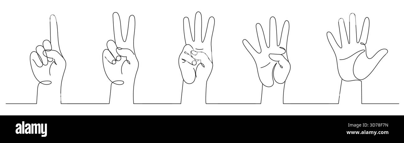 Un set di mani in uno stile a linea singola. Contare da uno a cinque con le dita. Contando sulle dita. Linguaggio del corpo. Concetto di gesti comunicativi. Illustrazione Vettoriale