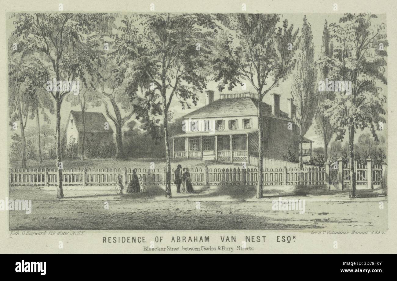 Residenza di Abraham Van Nest Esqr., Bleecker St. Tra Charles e Perry Street, 1854., 1854. Houses, New York (Stato), New York, 1800-1899. Bleecker Street (New York, N.Y.) -- 1800-1899., 1 litografia stampata--color; 10,9 x 17,2 cm Foto Stock
