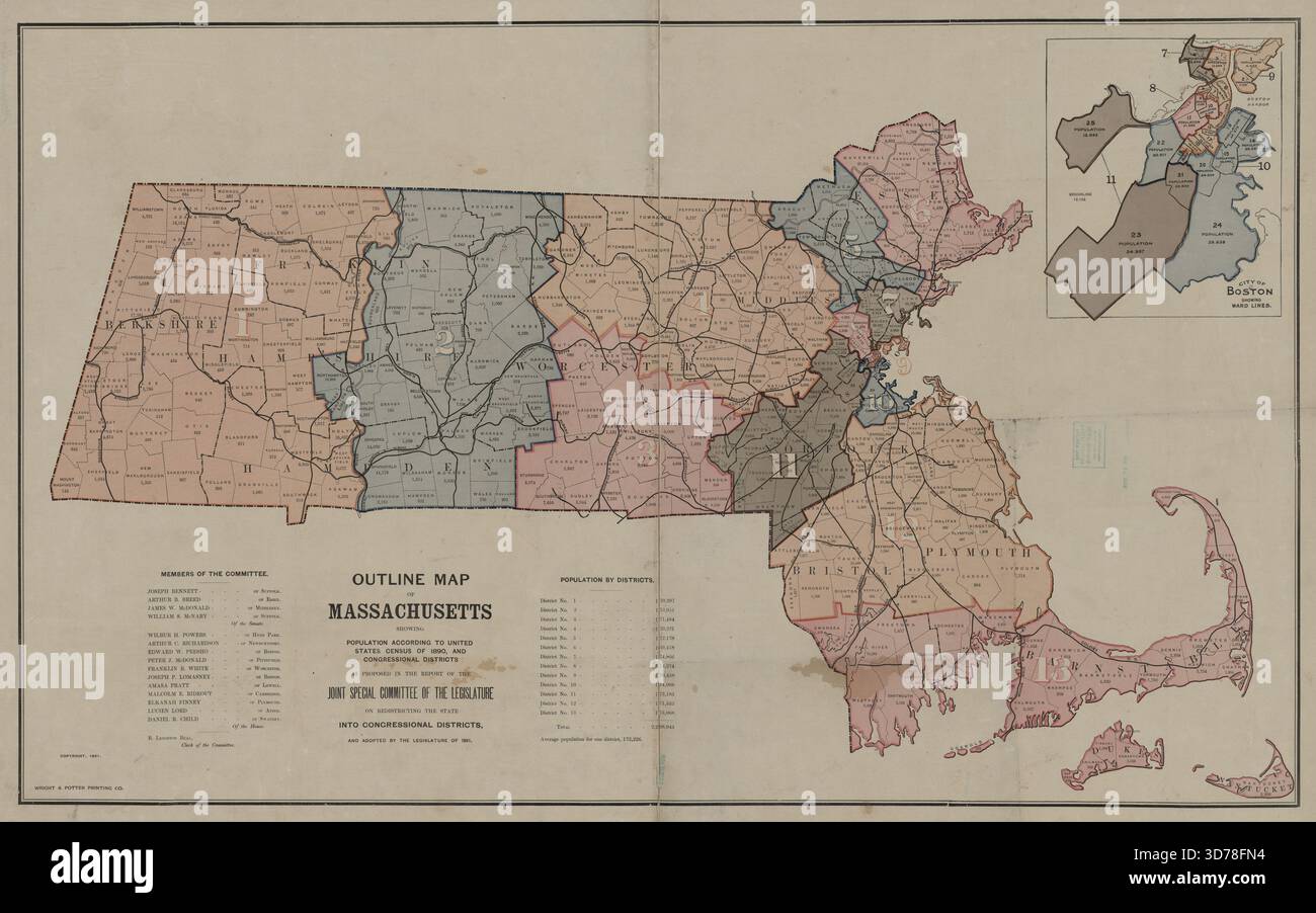 Mappa del Massachusetts che mostra la popolazione secondo il censimento degli Stati Uniti del 1890 e i distretti congressuali del 1891., 1891., Boston, Massachusetts. Editore, Wright & Potter Print. Co., 1 mappa, colore; su foglio 60 x 97 cm Foto Stock