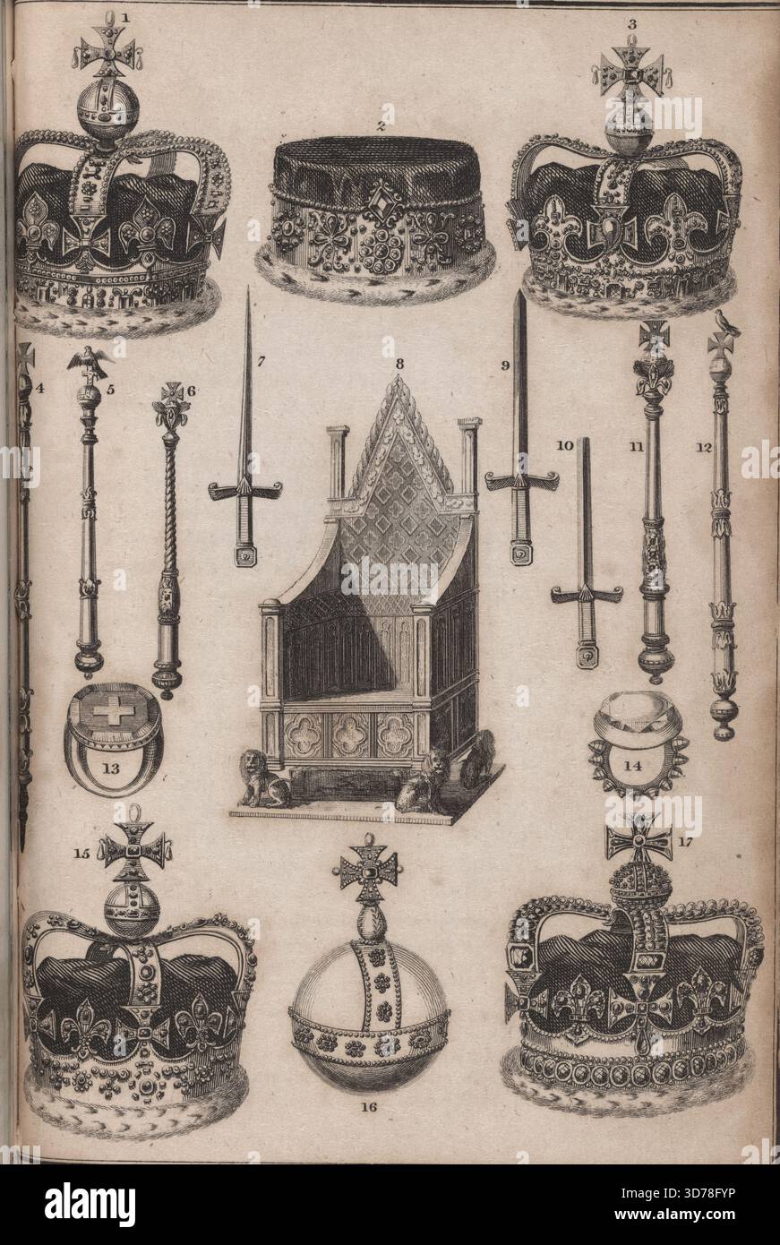 Antica cattedra di incoronazione e regalia d'Inghilterra, 1820. A pagina 82. Pubblicato a Londra per John Major. 1a edizione. Con insegne, corone, pugnali, spade e troni. Incisioni incluse Foto Stock