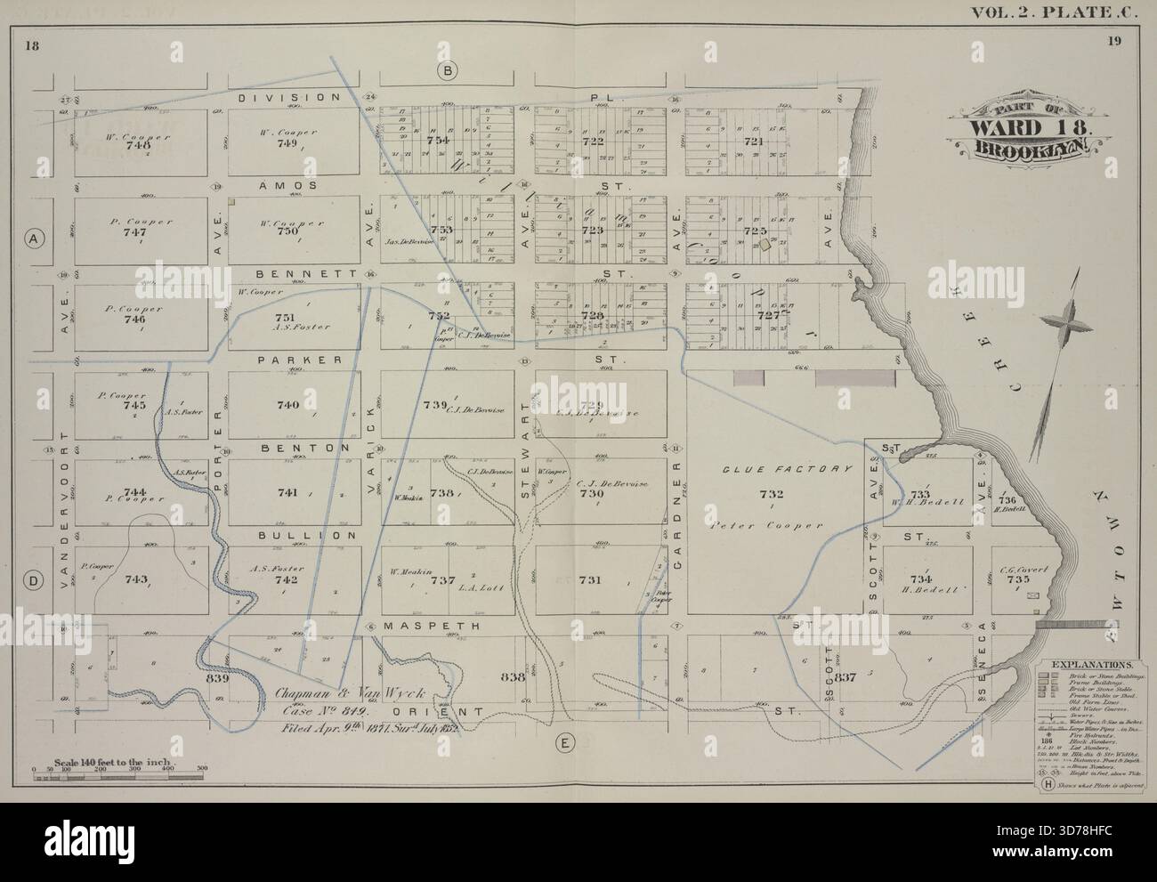 Vol. 2. Placca C. Mappa delimitata da Division Place, Newtown Creek, Orient Street e Vandervoort Avenue; compresa Amos Street, Bennett Street, Parker Street, Benton Street, Bullion Street, Maspeth Street, Porter Avenue, Varick Avenue, Stewart Avenue, Cardner Avenue, Scott Avenue, e Seneca Avenue, 1880, Philadelphia. Editore, G.M. Hopkins & Co. Brooklyn (New York, N.Y.), immobili, New York (Stato), New York Foto Stock