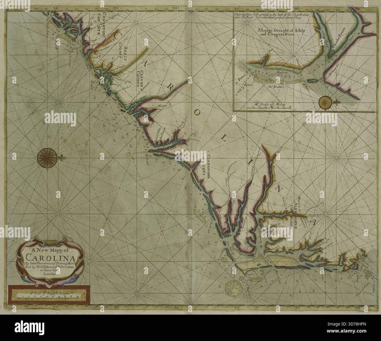Una nuova mappa della Carolina, con una grande bozza di Ashly e Cooper's River., 1702 - 1707 ., Londra. Carte nautiche, Charleston (S.C.), Albemarle Sound (N.C. Foto Stock