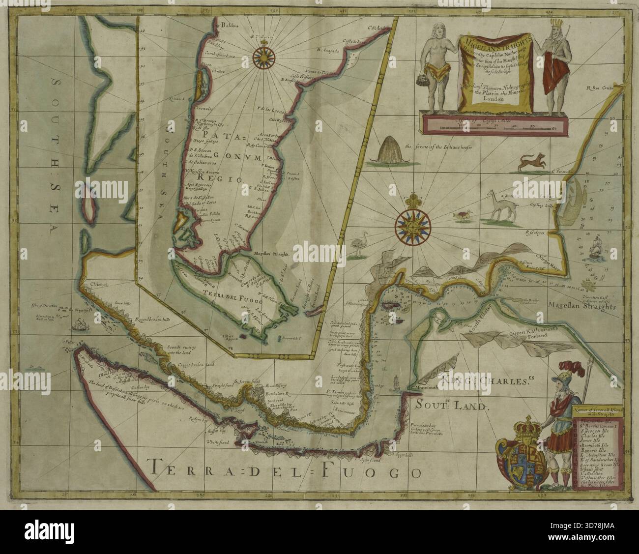 Una nuova mappa dello stretto di Magellano scoperta dal capitano John Narbourgh, comandante della nave di sua Maestà Sweepstakes, mentre navigava attraverso detti stretti., 1702 - 1707, Londra, carte nautiche, Magellano, stretto di (Cile e Argentina Foto Stock