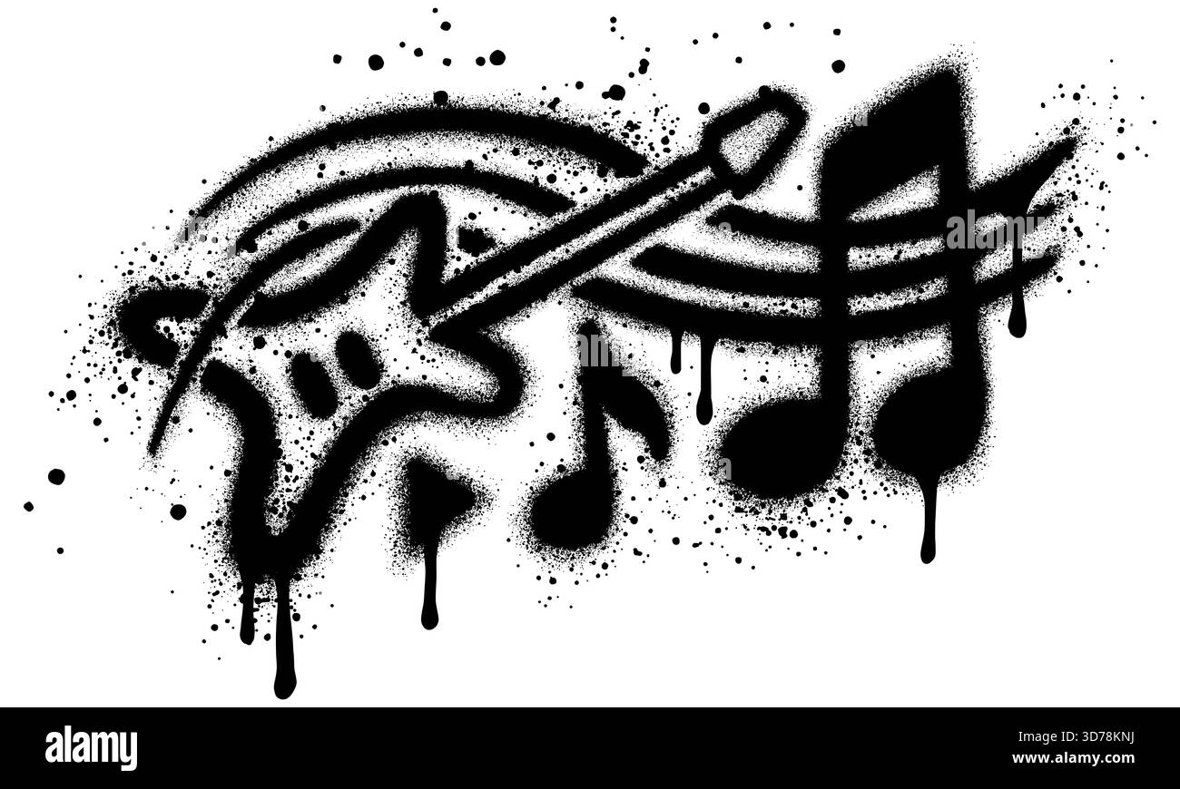 I simboli della chitarra graffiti e delle note musicali spruzzano il nero su uno sfondo bianco. Illustrazione Vettoriale