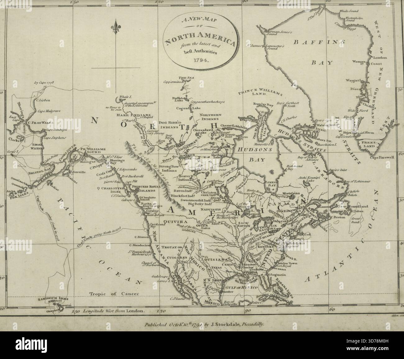 Una nuova mappa del Nord America dalle ultime e migliori autorità, pubblicata nel 1794 da John Stockdale a Londra. La mappa misura 18 x 23 cm e rappresenta i primi lavori geografici relativi agli Stati Uniti e al Nord America Foto Stock