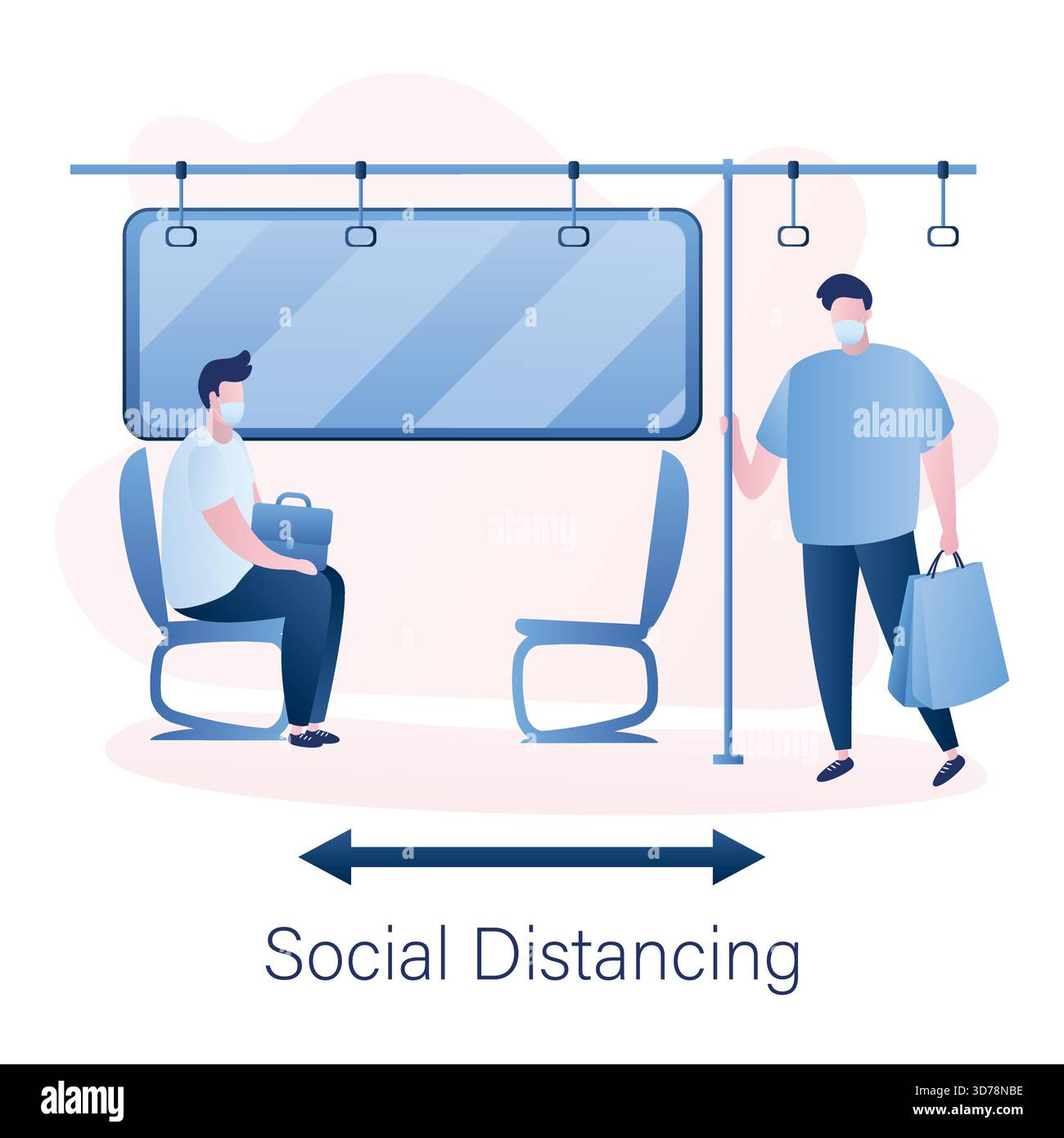Distanziamento sociale nei trasporti pubblici. Persone in metropolitana, personaggi maschili con maschere protettive sui volti. Umani seduti e in piedi in metropolitana o autobus. Illustrazione Vettoriale