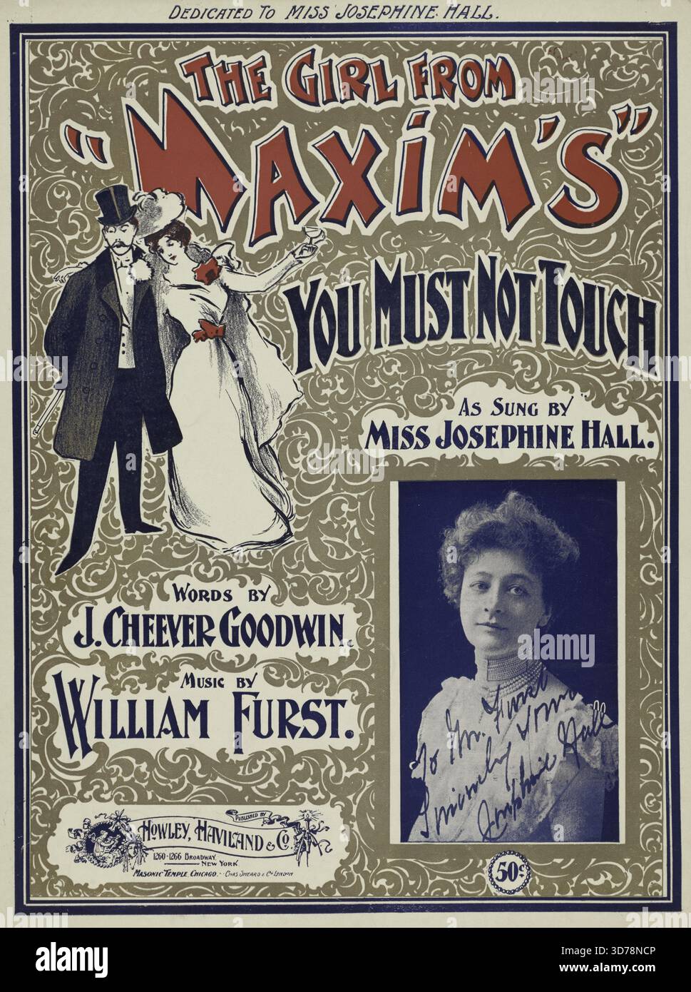 Non devi toccare, aggiuntivo, Ah! Questo è troppo, non devi toccare, mani girate! In una volta dico: "First Line of Chorus Girl from Maxim's.", in aggiunta, quando Jean era solo un tenero bambino, un ragazzo di cinque o sei anni., 1899, New York, Publisher, Howley, Haviland & Co., canzoni, uomini, valzer, flirt, Musical, Conduct of Life, 6 p.; 35 cm., copertina di uno spartito musicale del 1899 intitolato "You Must Not Touch", con disegni ornamentali caratteristici della fine del XIX secolo. Il titolo viene visualizzato in primo piano nella parte superiore, con titoli e informazioni aggiuntivi presentati in formato cartaceo più piccolo. L'estetica generale Foto Stock