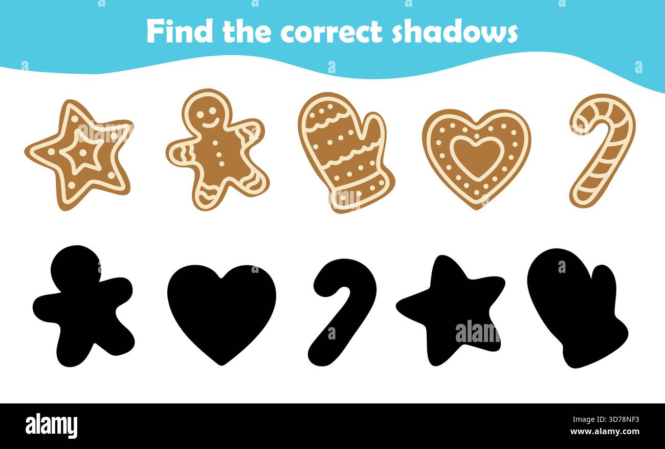 Partecipa a un'attività natalizia abbinando le colorate forme di pan di zenzero alle loro ombre nere corrette. Perfetto per il divertimento di tutta la famiglia durante la giornata Illustrazione Vettoriale