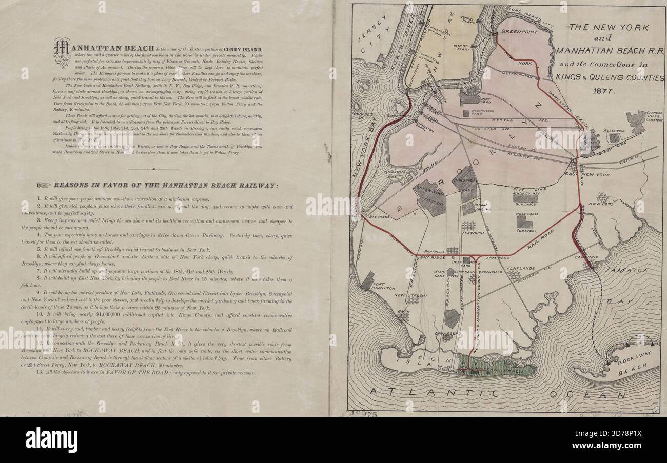 Una mappa a colori intitolata "The New York and Manhattan Beach R. and ITS Connections in Kings & Queens Counties", pubblicata nel 1877. La mappa misura 28 x 22 cm ed è stata pubblicata a Brooklyn, New York Foto Stock