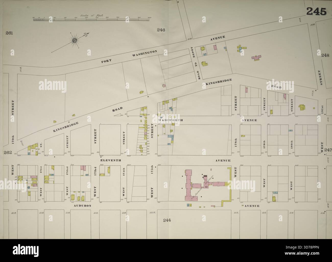 Manhattan, volume 11 1/2, Double Page Plate No. 245 MAP, delimitata da Fort Washington Ave., W. 181st St., Audubon Ave. E W. 170th St., emessa dalla Sanborn Map Company. La mappa va dal 1884 al 1893 e si concentra su assicurazione antincendio, proprietà immobiliari e dettagli urbani dello stato di New York Foto Stock