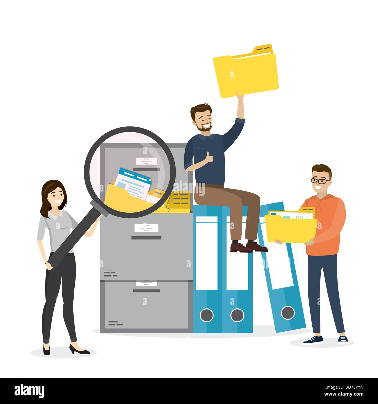 Gruppo di impiegati o dipendenti che cercano file. Raccoglitori di file, cartelle gialle con documenti. File manager, archiviazione e indicizzazione dei dati. Ricerca dei file Illustrazione Vettoriale