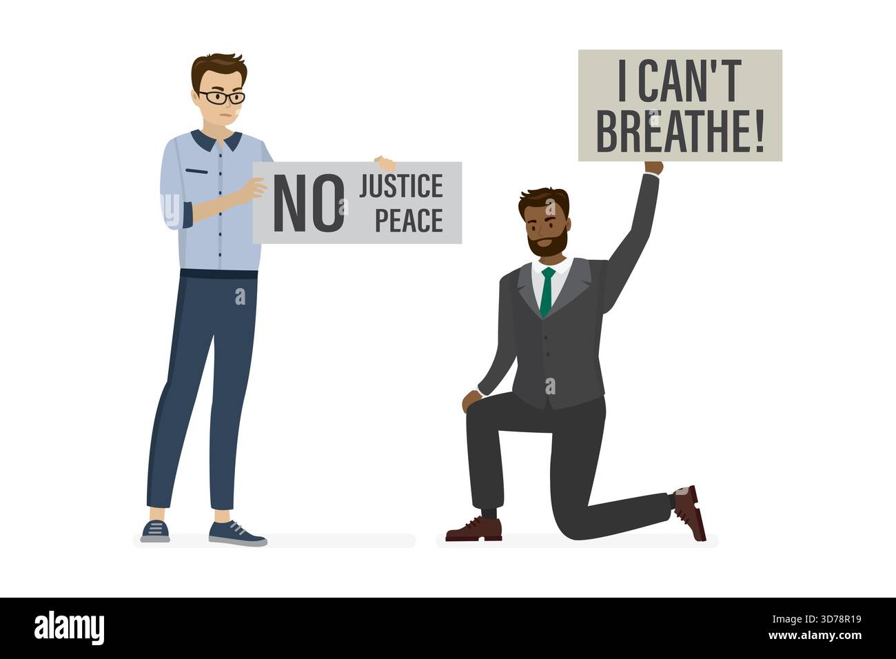 Umani che tengono dei poster. Manifestanti negli Stati Uniti, slogan: Non posso respirare, non posso fare giustizia, non c'è pace. Protesta contro la brutalità della polizia. Due uomini che tengono banne Illustrazione Vettoriale