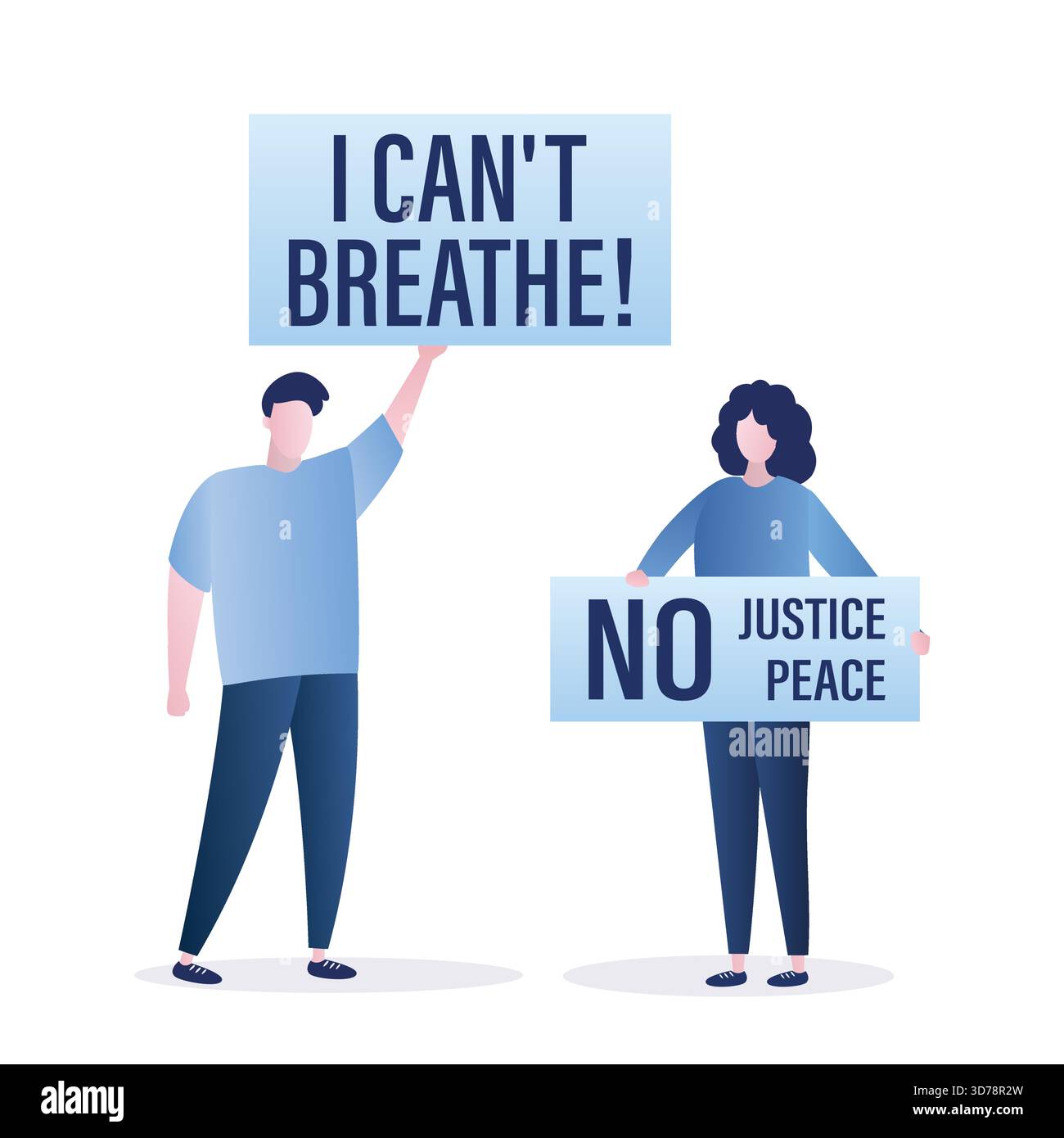 Umani che tengono un modello per poster. Manifestanti negli Stati Uniti, slogan: Non posso respirare, non posso fare giustizia, non c'è pace. Protesta contro la brutalità della polizia. La gente regge Illustrazione Vettoriale