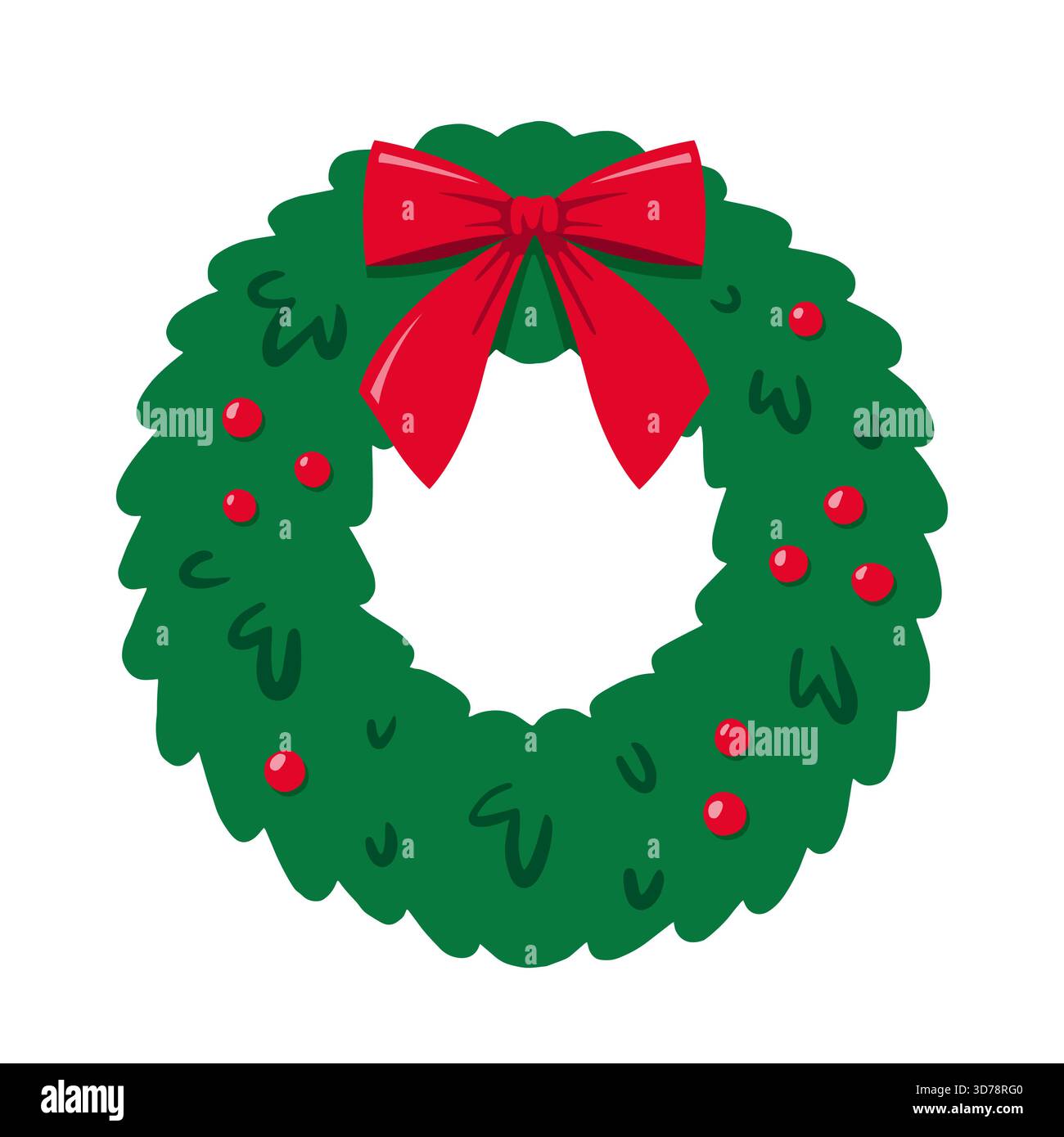 Corona della porta di Natale. Corona invernale natalizia con fiocco e bacche rosse. Elemento di design decorativo per le vacanze. Illustrazione del vettore piatto isolato. Illustrazione Vettoriale