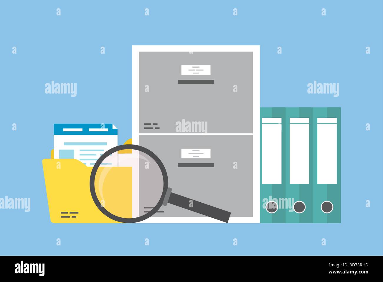 Contenitore con lente d'ingrandimento e raccoglitori, cartella con documenti. Ricerca dei file. File manager, archiviazione e indicizzazione dei dati. Lavori di carta in ufficio Illustrazione Vettoriale