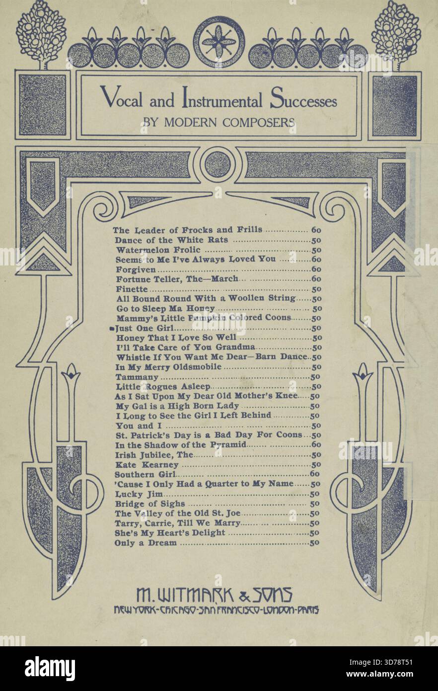 Una colonna sonora per "Just One Girl", pubblicata nel 1898 da M. Witmark & Sons, con il testo e la notazione di un valzer incentrato sull'amore e le relazioni romantiche. Il punteggio include i titoli aggiuntivi e le prime righe relative alla canzone, presentate su sei pagine. Il documento proviene da New York e Chicago e misura 30 cm di lunghezza Foto Stock