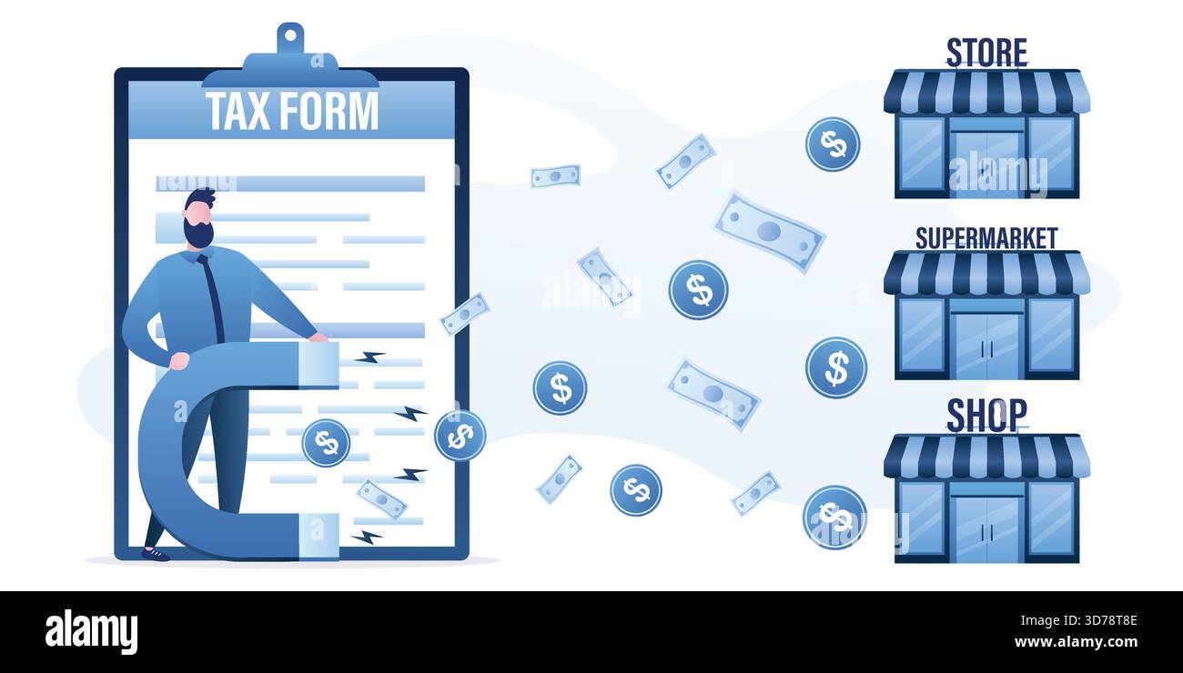 Ispettore uomo con magnete, attrarre i pagamenti delle tasse. Negozi o aziende pagano le tasse. L'impiegato governativo o bancario riscuote tasse e pagamenti. Catena di negozi Illustrazione Vettoriale