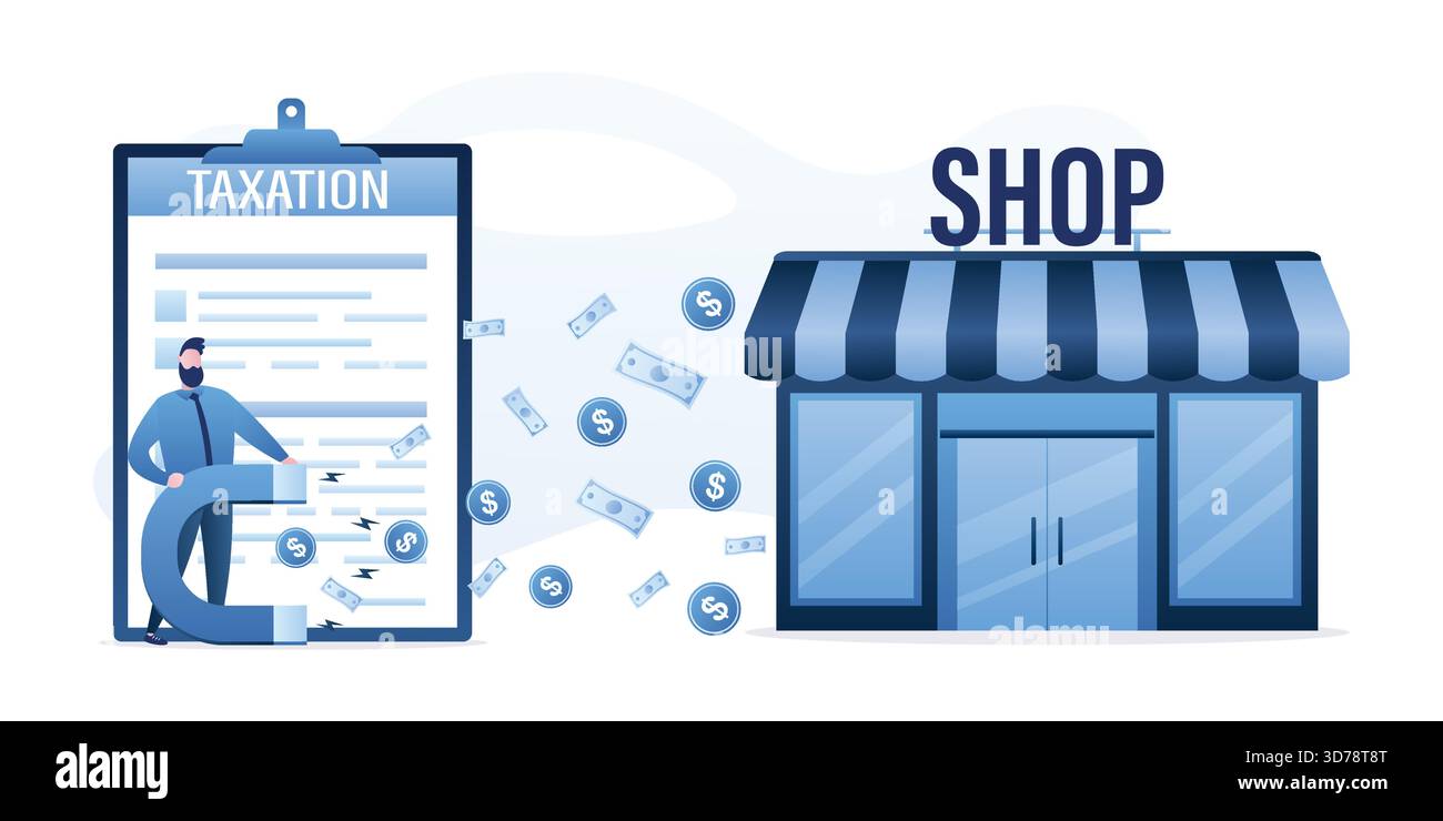 Il negozio o l'azienda paga le tasse. Ispettore uomo con magnete, ricevuta delle tasse. L'impiegato governativo o bancario riscuote tasse e pagamenti. Vetrina e. Illustrazione Vettoriale